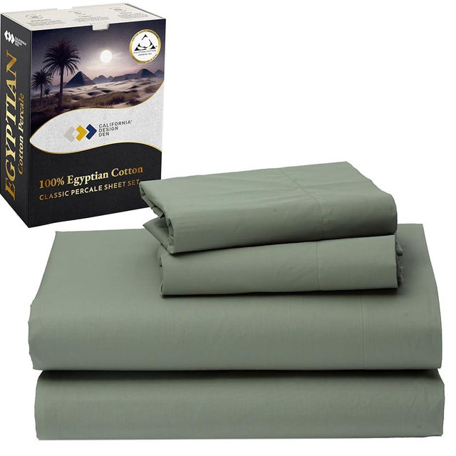 California Design Den King Percale Sheets Set - Certified 100% Egyptian Cotton, Crisp Percale King Bed Sheets Egyptian Cotton Set with Deep Pockets, Cool & Durable Luxury Bedding - Sage Mist