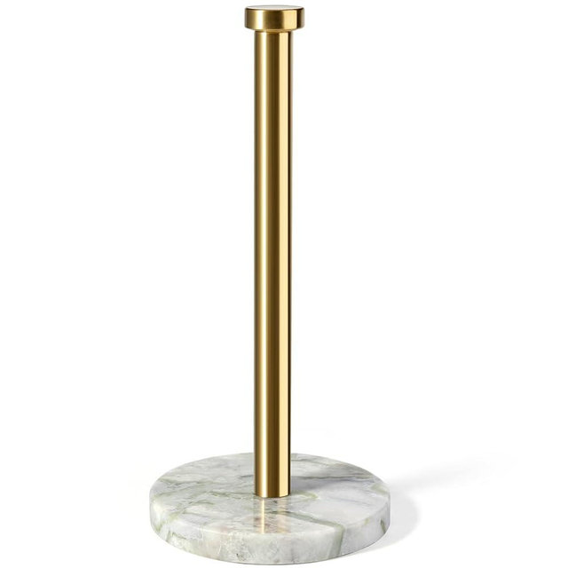 Koville Genuine Marble Paper Towel Holder Countertop, 6" Stone Base Gold Rod Paper Towel Holder Stand for Kitchen Storage, for Standard or Jumbo-Sized Rolls