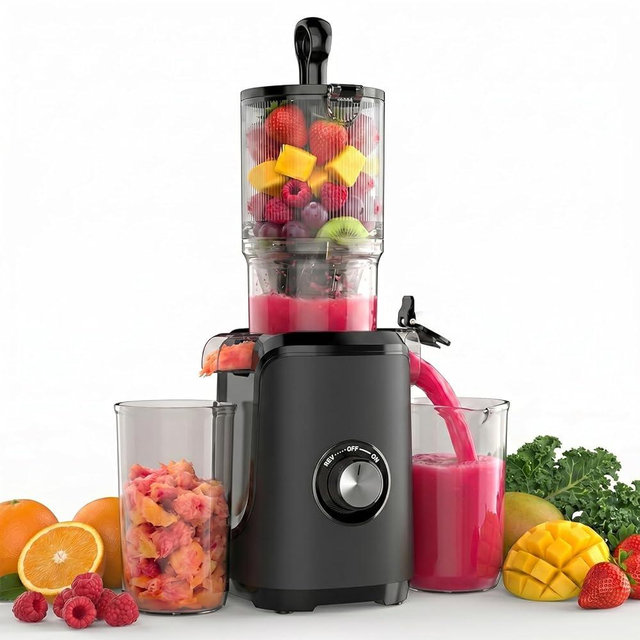KMFurnila Slow Masticating Juicer, 200W Cold Press Juicer Machine with Safety Lock & Reverse Function, Juice Extractor for Fruits & Vegetables, Easy Clean, Black