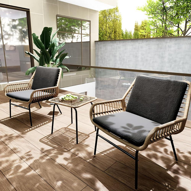 GREEN MORE 3 Piece Outdoor Patio Furniture Set, Rattan Conversation Sets, All-Weather Wicker Chairs with Cushions and Coffee Table, for Garden Balcony Courtyard Poolside