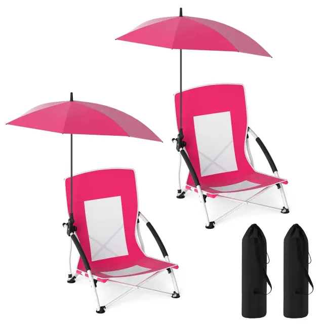 Costway 2 PCS Beach Umbrella Chair with Hexagonal Parasol Comfy Armrest Breathable Seat Pink