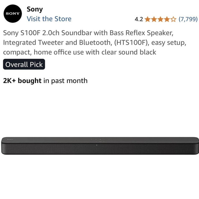 Sony S100F 2.0ch Soundbar with Bass Reflex Speaker, Integrated Tweeter and Bluetooth, (HTS100F), easy setup, compact, home office use with clear sound black