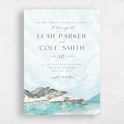 Soft Teal, Blue Wedding Invitation - Sorrentine Portrait