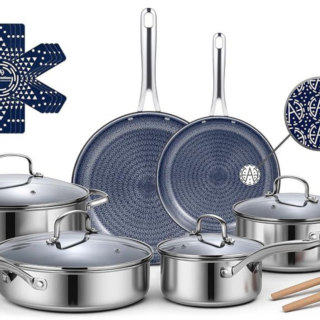 Ammeloo Hybrid Stainless Steel Cookware Set, 17-Piece Tri-Ply Pots and Pans Set Non Stick, Induction Kitchen Cookware Sets, Dishwasher & Oven Safe, PFOA Free, All Cooktops Compatible, Navy Blue