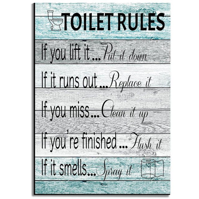 Jetec Toilet Rules Wall Art Decor Wood Toilet Rules Sign Funny Bathroom Sign Rustic Farmhouse Toilet Wall Art Accessories for Bathroom Laundry Room Home Decor, 12 x 9''(Blue Gray)