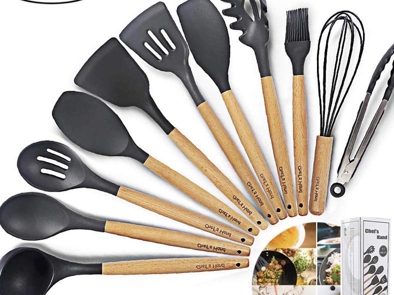 Kitchen Utensil Set Silicone Cooking Utensils 11Piece - Cooking Utensils Set with Bamboo Wood Handles for Nonstick Cookware,BPA Free, Non Toxic Turner Tongs Spatula Spoon Set.-Chef's Hand