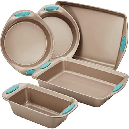 Rachael Ray Cucina Bakeware Set Includes Nonstick Bread Baking Cookie Sheet and Cake Pans, 5 Piece, Latte Brown with Agave Blue Grips