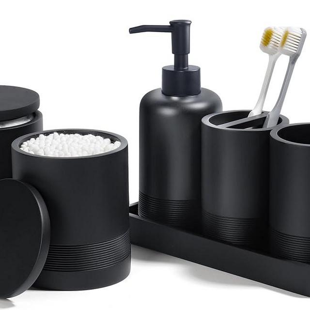 Bathroom Accessories Set, 6-Piece Bathroom Accessory Set, Toothbrush Holders Set, Soap Dispenser, Vanity Tray, Tumbler, Cotton Swab Jars, Bathroom Organizer for Modern Bathrooms(Matte Black)