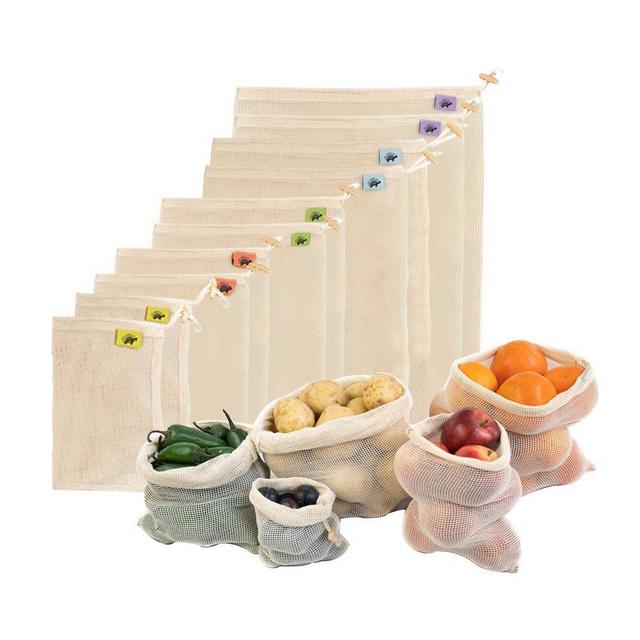 10 Pack Cotton Mesh Reusable Produce Bags with Wood Toggles