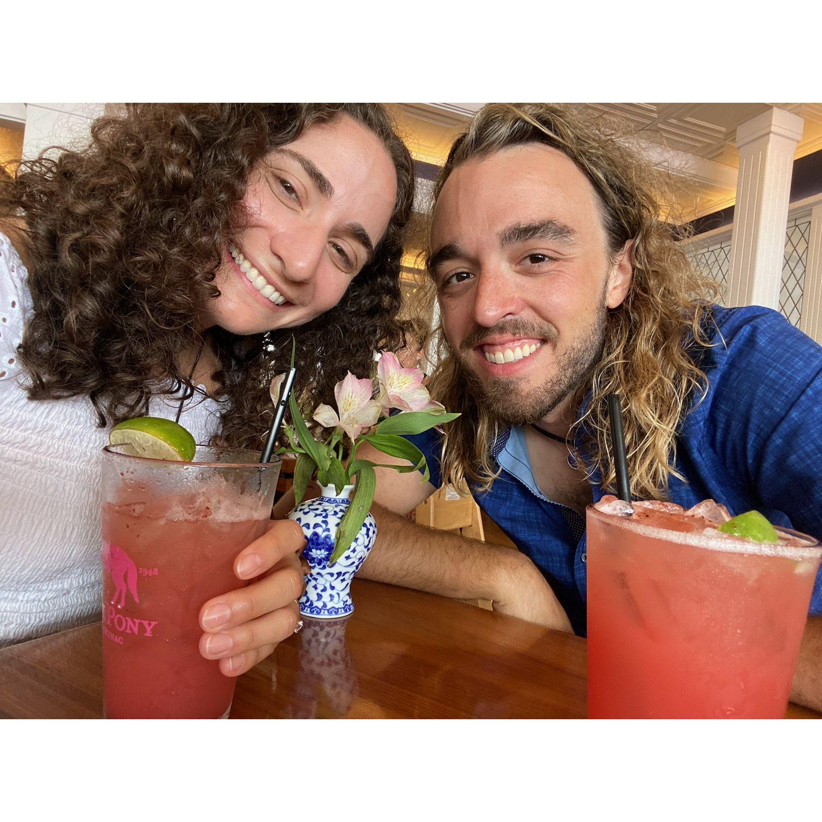 Celebratory drinks at the Pink Pony on Mackinac Island moments after getting engaged