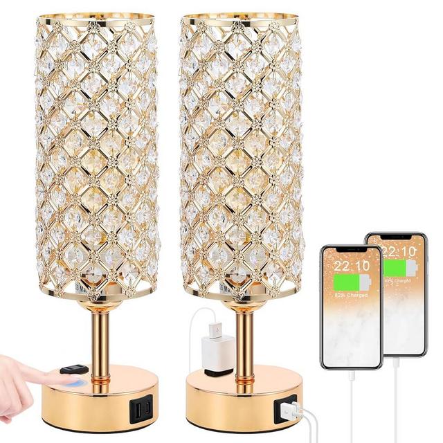 Hong-in Gold Lamps Set of 2, Dimmable Gold Lamps for Nightstand with USB-C+A & AC Charging Ports, 3-Way USB Crystal Lamp, Bedside Desk Light for Bedroom Living Room Home Office(Bulb Included)