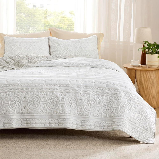 Bedsure Queen Quilt Bedding Set - Lightweight Summer Quilt Bed Set, Reversible Linen Bedspread Coverlet Scrollwork for All Seasons (Includes 1 Quilt, 2 Pillow Shams)