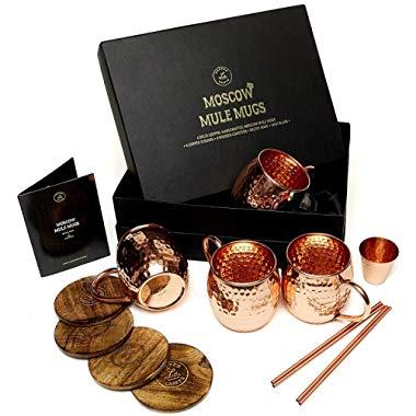 Moscow Mule Copper Mugs Set - 4 Authentic Handcrafted Copper Mugs (16 oz.) with 2 oz. Shot Glass, 4 Straws, 4 Solid Wood Coasters and Recipe Book - Gift Box Included