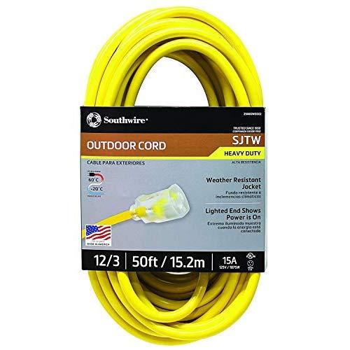 Southwire 2588SW0002 Outdoor Extension Cord- 12/3 American Made SJTW Heavy Duty 3 Prong Extension Cord- Great for Commercial Use, Gardening, and Major Appliances ( 50 Foot- Yellow)