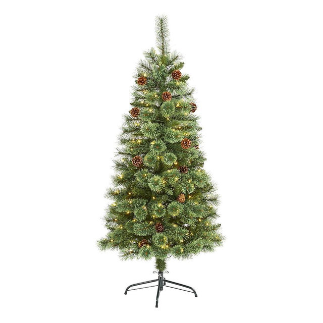 Nearly Natural 5ft. White Mountain Pine Artificial Christmas Tree with 200 Clear LED Lights and Pine Cones