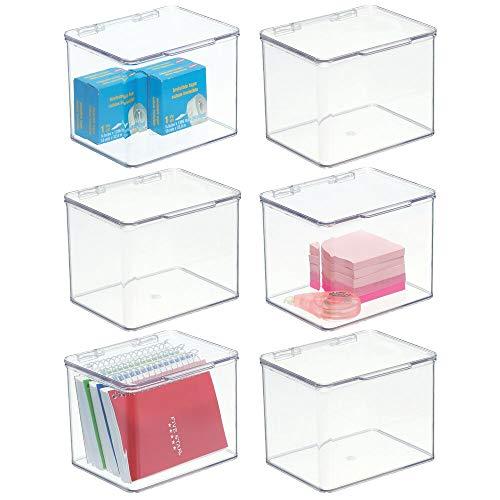 mDesign Stackable Plastic Storage Bin Box with Hinged Lid - Organizer for Office Supplies, Paperclips, Highlighters, Dry Erase Markers, Sticky Notes, Memo Pads - 5" High, 6 Pack - Clear