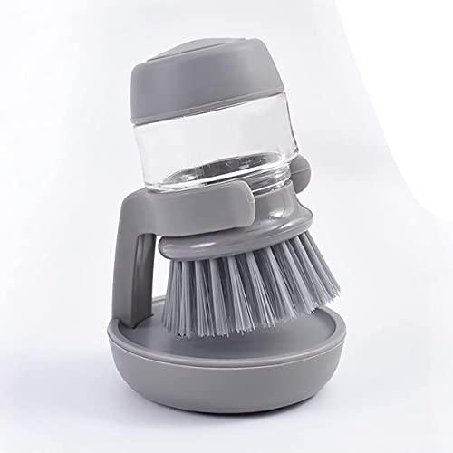 Soap Dispensing Palm Scrub Brush with Drip Tray, Washing Brush for Dishes Pots Pans Sink Cleaning, Kitchen Scrubber Storage Stand Set (Gray)