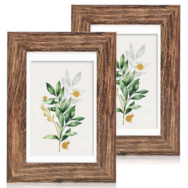 Hongkee 5x7 Picture Frame Set of 2, Made of Real Glass and Rustic Brown Wooden Frame - Display Pictures 4x6 with Mat or 5x7 Without Mat, 5 by 7 Photo Frame for Wall or Tabletop Display