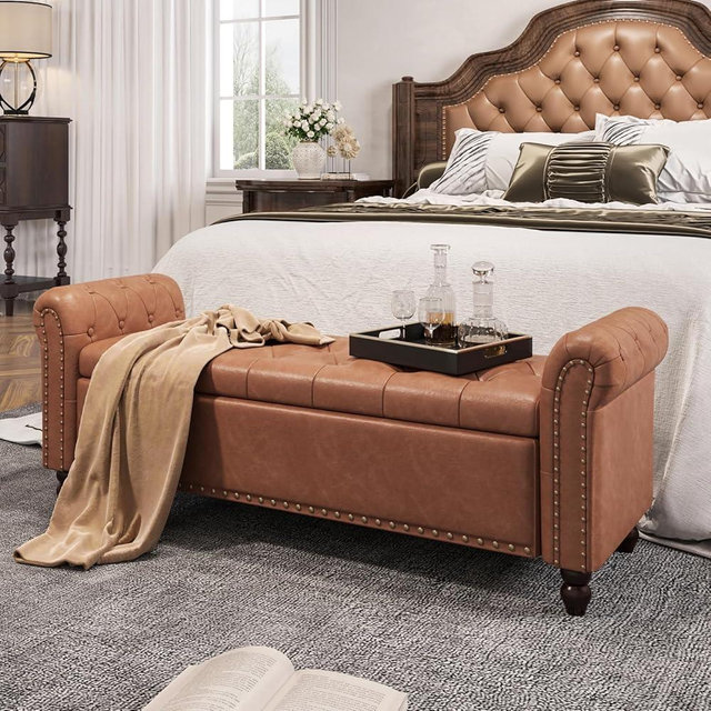 55 Inch Bedroom Bench, End of Bed Bench with Storage, Bed Benches for Foot of Bed, Faux Leather Window Bench with Rolled Arms, Upholstered Storage Bench with Tufted Button and Nailhead Trim, Brown
