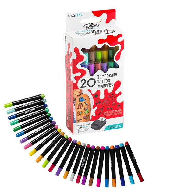 Hello Blink Temporary Tattoo Refill Markers - 20 Count - Compatible with Hello Blink Tattoo Maker - Bold Colors for DIY Body Art - Kids Craft Ages 8+