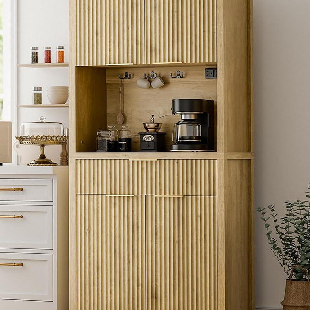 Lulive 71" Fluted Pantry Cabinet with Charging Station & Adjustable Shelves, Spacious Kitchen Storage Cabinet with Open Countertop & Drawer for Dining Room, Living Room, Natrual