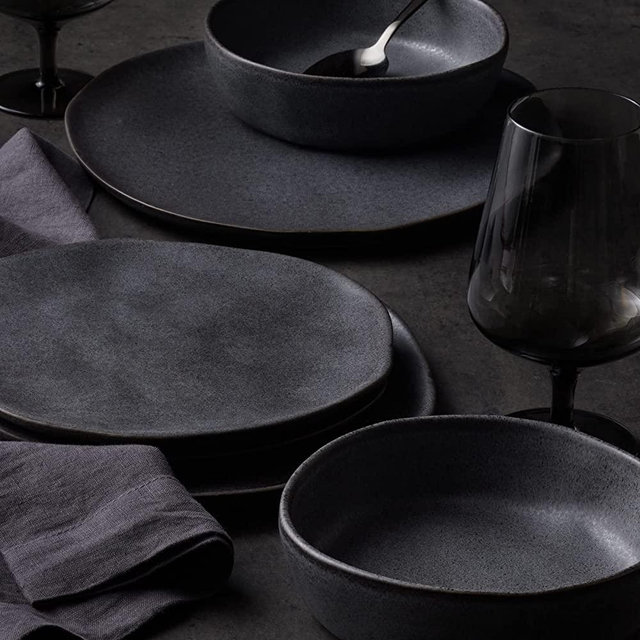 Stone Lain by Mercer Dented Debossed Stoneware 16-Piece Dinnerware Set, Grey