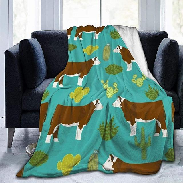 Flannel Plush DIY Throw Blanket, Dairy Cattle Green Grassland Hereford Cow Cactus Throw for Cold Weather Hotel Wedding Gift, Ultra Soft and Thick Anti-Static 60 x 50 Inch