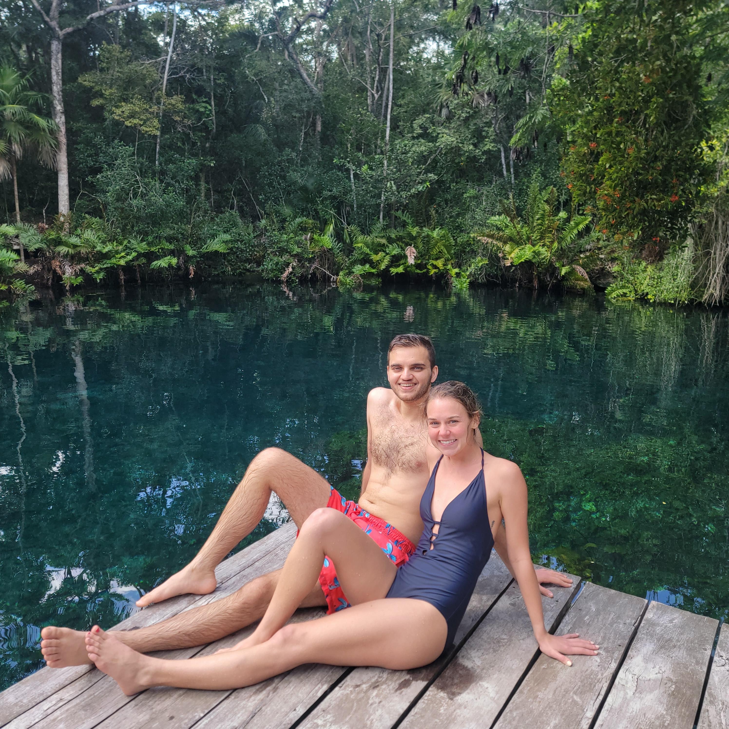 Swimming (well "swimming" for Will) in cenotes in Tulum, Mexico