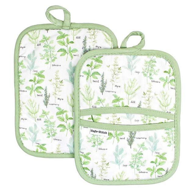Sage and Stitch Kitchen Pot Holders for Women 7'' x 9'' with Hand Pockets and Hanging Loop, Dual Function Oven Mitt Trivet Potholder Hot Pad 100% Cotton, Heat Resistant Set of 2 - Green Herbs