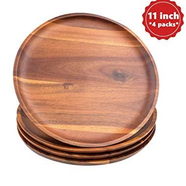 Acacia Wood Dinner Plates, AIDEA 11 Inch Round Wood Plates Set of 4, Easy Cleaning & Lightweight for Dishes Snack, Dessert, Unbreakable Classic Charger Plates