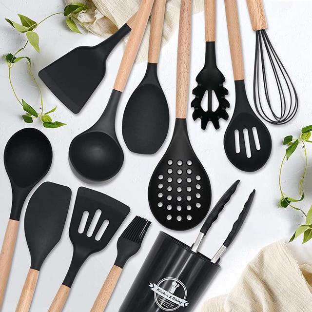 WONDERFUL Kitchen Utensil Set, 13 PCs with Wooden Handle & Cooking Utensil Holder for ALL Cooking Pans, Heat Resistant to 446F, Nonstick Silicone, BPA-Free, Kitchen Tools, Kitchen Gadgets (Black)