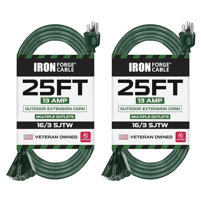Iron Forge Cable 2 Pack 25ft Green Outdoor Extension Cord with 3 Outlets - 16/3 SJTW 25ft Extension Cord, 13 Amp All-Weather Heavy Duty Power Cable