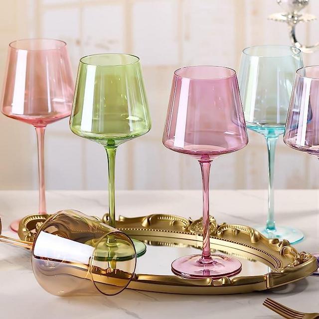 Physkoa Colored Wine Glasses Set of 6-16oz Multi Colored Square Wine Glasses with Tall Long Stems and Flat Bottom,Crystal Colorful Wine Glasses-Unique Gifts for Wine Lovers,Wedding,Engagement Gifts