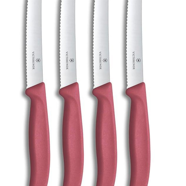 Victorinox Swiss Classic Tomato-Bread Knife Set, 4-Pieces, Sharp Blade, Serrated Edge, 4.3 Inch, Stainless Steel, Red