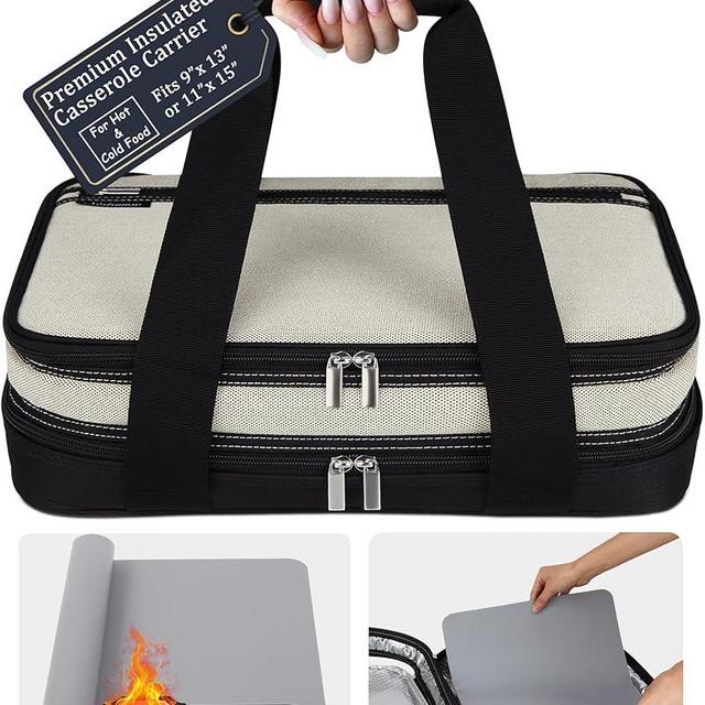 Premium Insulated Casserole Carrier with Heat-Resistant Mat for Hot or Cold Food – Fits 9”x13” or 11”x15” Baking Dishes, Lasagna Holder for Potlucks, Parties, Picnics, and Cookouts [Neutral Beige]