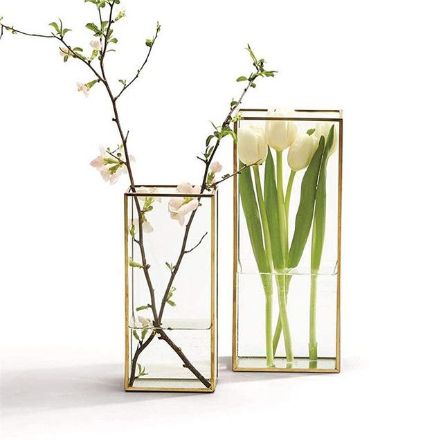 Two's Company Set of 2 Square Window Vases with Gold Metal Trim in 2 Sizes