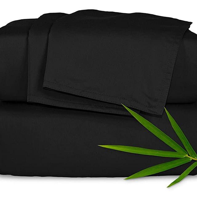 Pure Bamboo Sheets Queen Size Bed Sheets 4 Piece Set, 100% Organic Bamboo, Luxuriously Soft & Cooling, Double Stitching, 16" Deep Pockets, 1 Fitted, 1 Flat, 2 Pillowcases (Queen, Black)