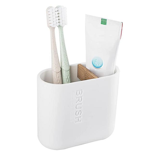 Toothbrush Holders Bamboo Electric Toothbrush Holder Bathroom Storage Organizer Countertop for Toothpaste, Floss, Razor, White
