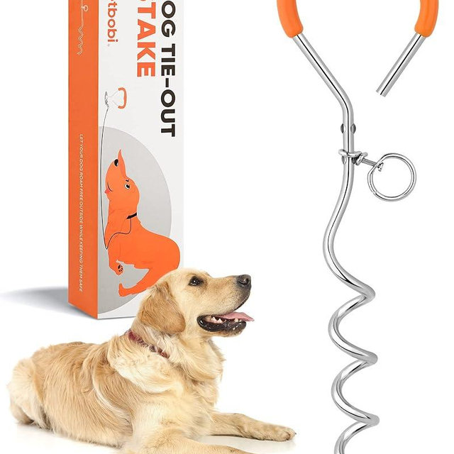 Petbobi Dog Tie Out Stake - 16″ Heavy Duty Dog Anchor for Yard Camping, 9mm Solid Steel, Soft Grip Handle Spiral Stake with No Tangle Connect Ring for Small to Large Pets Up to 120lbs, Orange