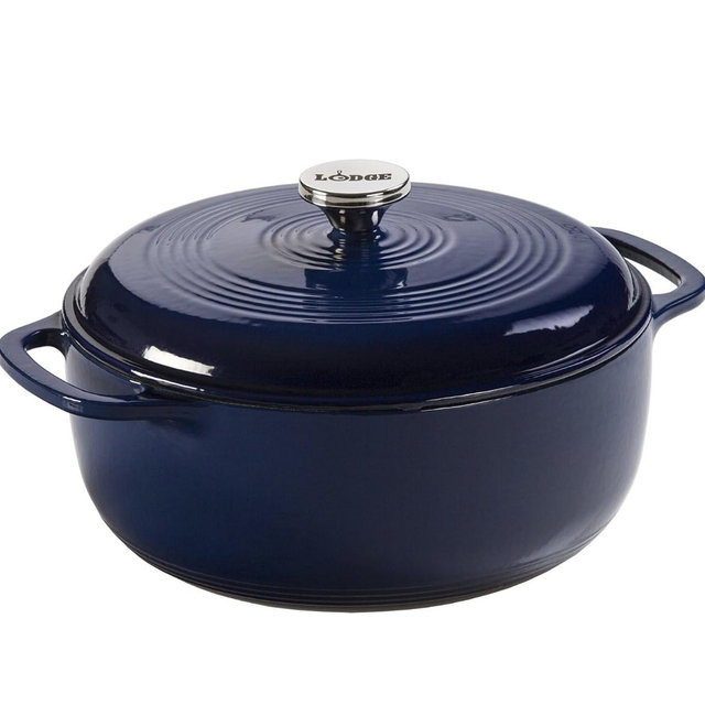 Lodge 6 Quart Enameled Cast Iron Dutch Oven with Lid – Dual Handles – Oven Safe up to 500° F or on Stovetop - Use to Marinate, Cook, Bake, Refrigerate and Serve – Indigo
