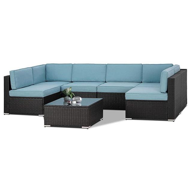 SUNCROWN 7-Piece Outdoor Patio Furniture Sofa Set All-Weather Wicker Sectional Cushioned Washable Seat Conversation Set with Modern Glass Coffee Table(Light Blue Cushion)