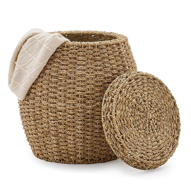 LGENHOOM Round Wicker Basket with Lid, Handwoven Seagrass Storage Basket, Blanket Organizer Basket for Laundry, Bathroom, Bedroom, Living Room, Office