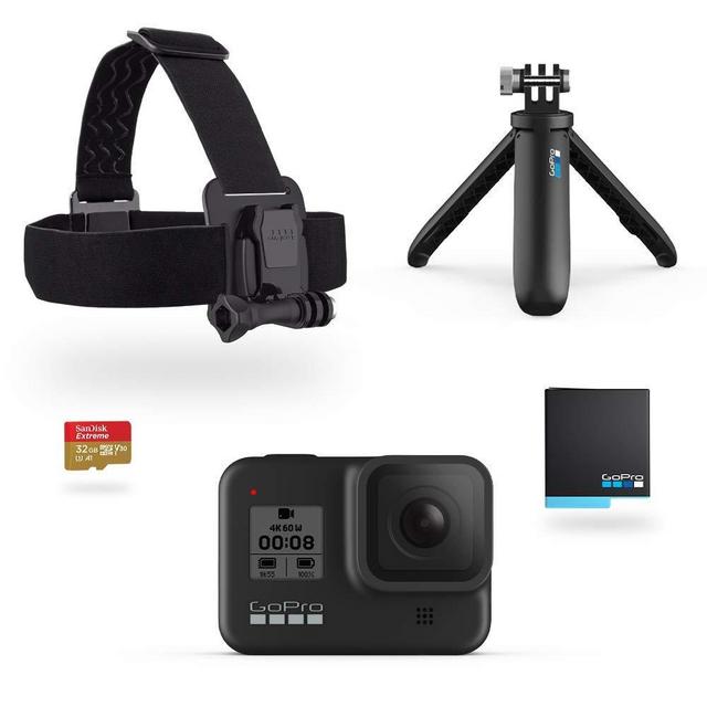 GoPro HERO8 Black Holiday Bundle - Includes HERO8 Black Camera Plus Shorty, Head Strap, 32GB SD Card, and 2 Rechargeable Batteries