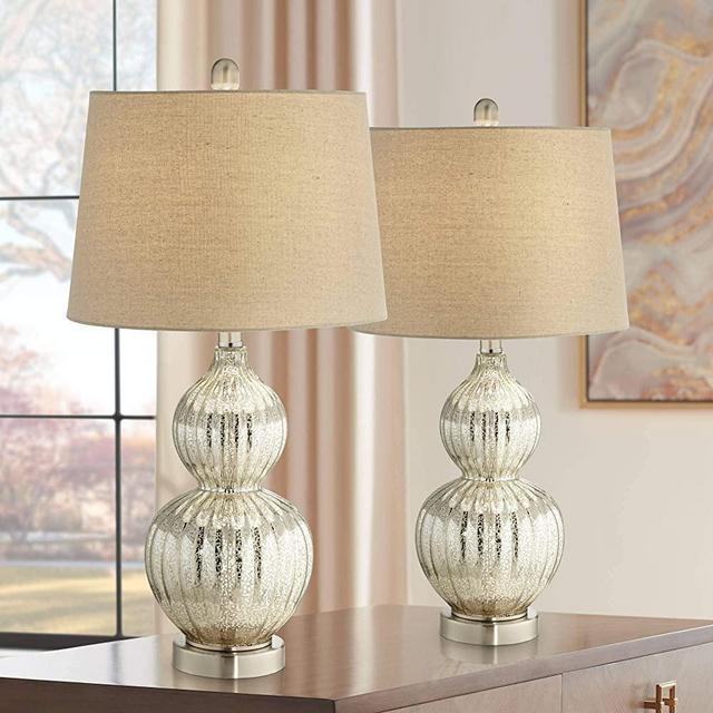 Lili Modern Table Lamps Set of 2 Fluted Mercury Glass Brushed Silver Metal Double Gourd Drum Shade Decor for Living Room Bedroom House Bedside Nightstand Home Office Family - Regency Hill