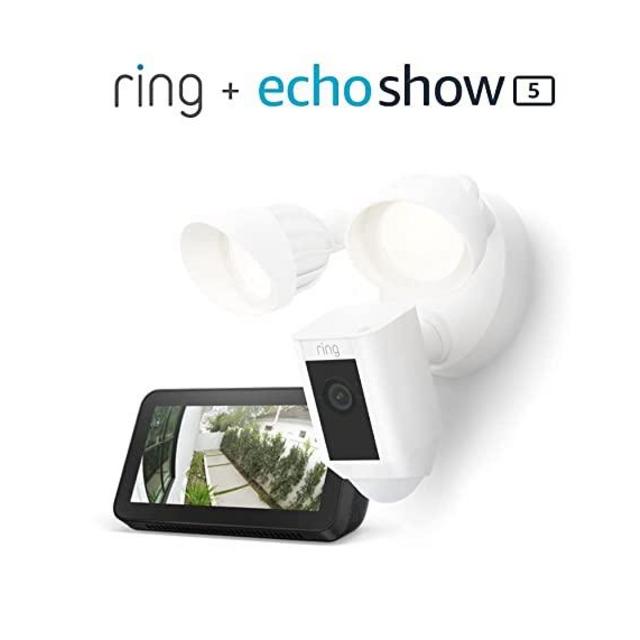 Ring Floodlight Cam Wired Plus (White) bundle with Echo Show 5 (1st Gen)