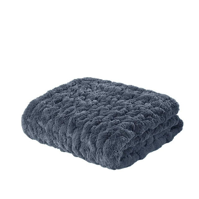 Madison Park Ruched Luxury Throw Premium Soft Cozy Brushed Long Faux Fur For Bed, Couch or Sofa, 50"x60", Slate Blue