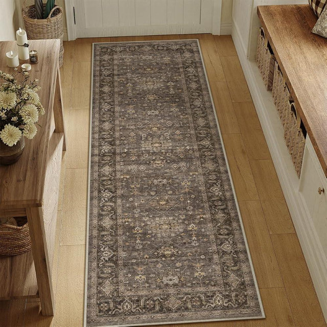 WondRg 2x6 Washable Runner Rug for Hallway Kitchen Vintage Brown Non Slip Low Pile Carpet Traditional Retro Soft Vacuumable Lightweight Throw Rug for Bathroom Bedroom Entryway Indoor Entrance