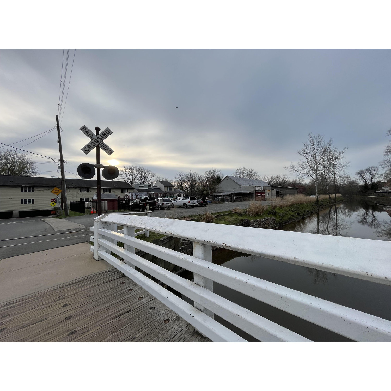 The parking lot (just beyond that railroad crossing sign)