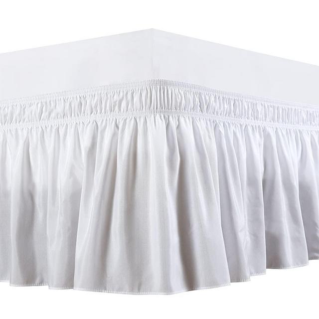 Biscaynebay Wrap Around Bed Skirts Elastic Dust Ruffles, Easy Fit Wrinkle and Fade Resistant Silky Luxrious Fabric Solid Color, White for Queen Size Beds 15 Inches Drop