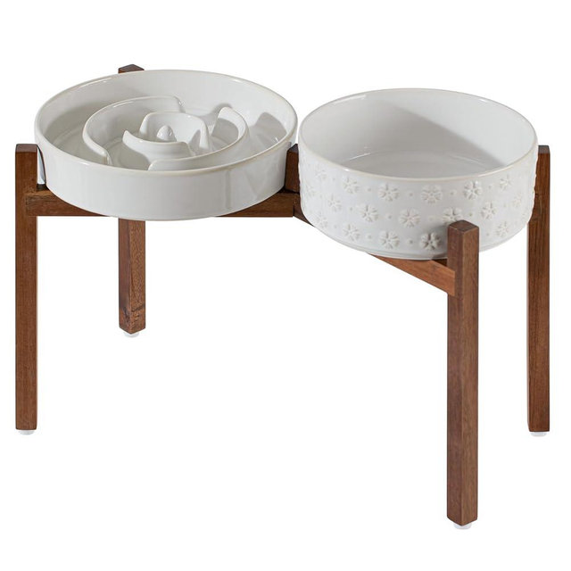 Havniva Ceramic Raised Slow Feeder Dog Bowl Set, Elevated 8.2inch Bowl and 9.5inch Dish with Acacia Wood Stand for Large Dog, Stop Bloat(2X Reactived Glaze -White+ Stand)